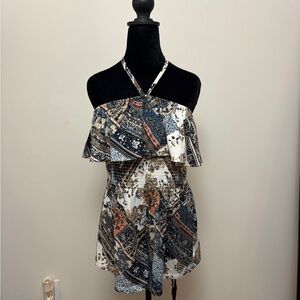 Almost Famous Paisley Halter Ruffle Smocked Camisole - Blue, White, Brown